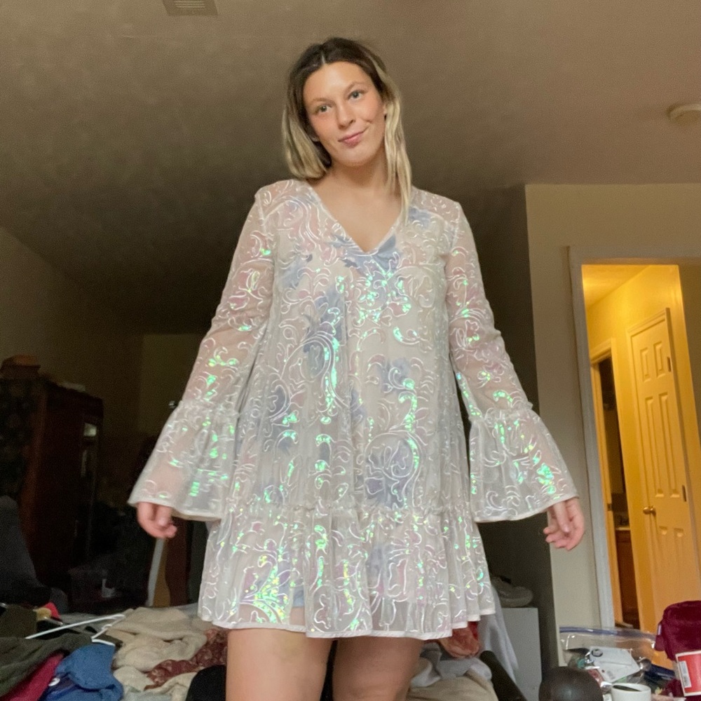 FREE PEOPLE cream short dress with blue and sparkle details, size xs
